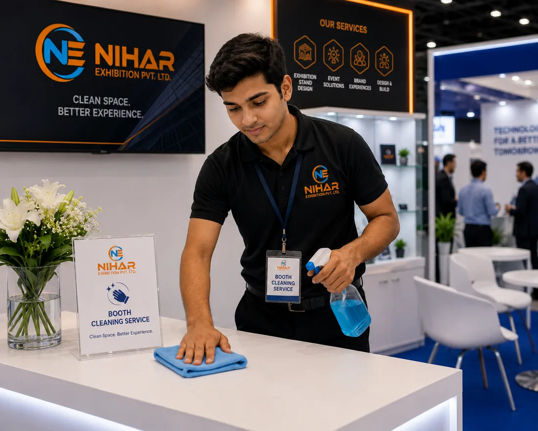 Nihar Exhibition cleaning staff keeping an exhibition booth pristine