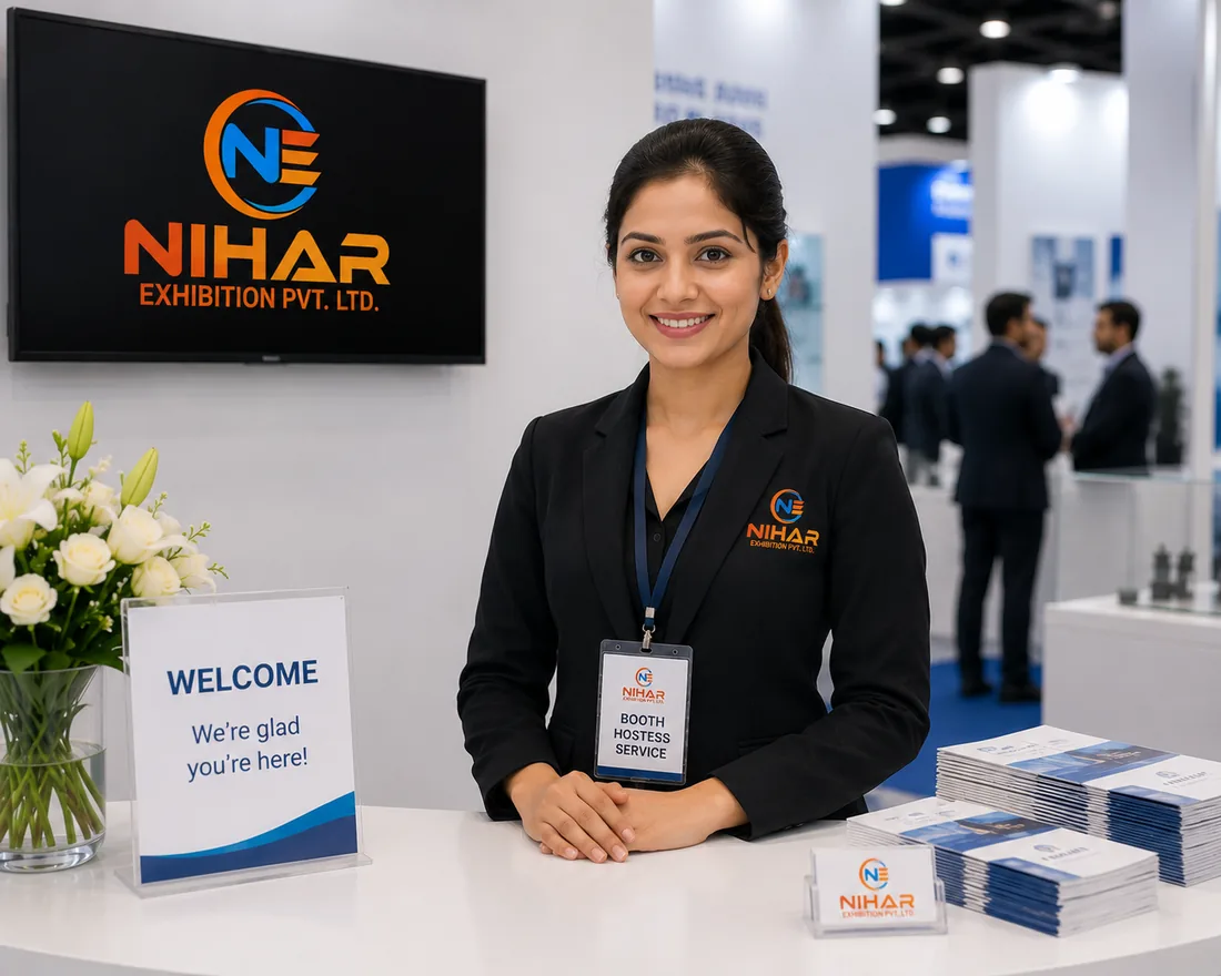 Nihar Exhibition hostess welcoming visitors at a branded booth reception